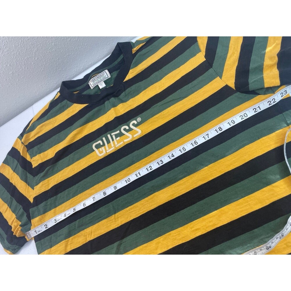 Vintage Y2K Guess Originals Striped Tee Green Yellow Logo Shirt Mens L - Picture 6 of 7
